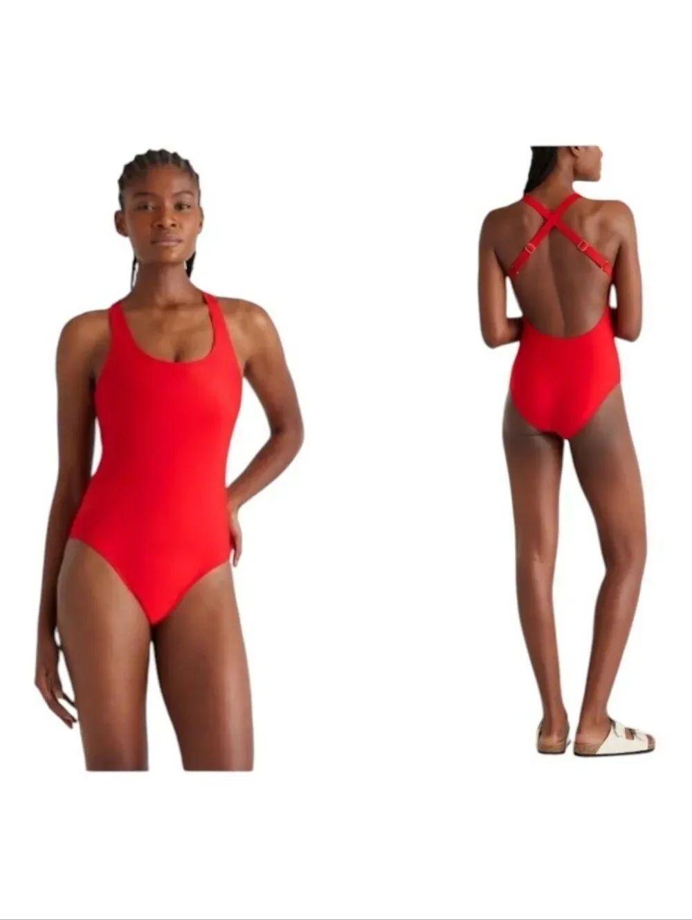 NWT Quince Italian Cross-Back One-Piece Swimsuit Cherry Red Size L